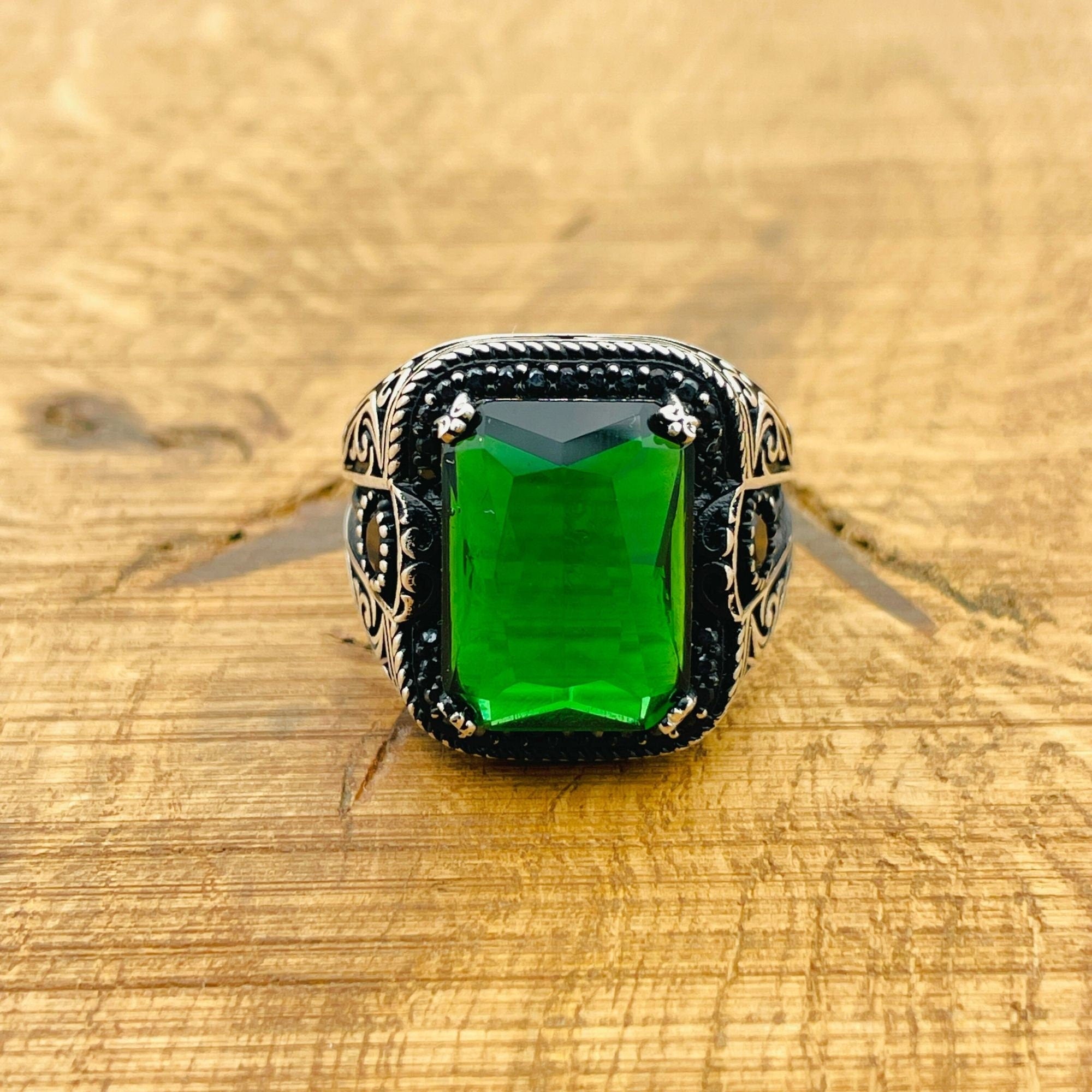 Turkish Handmade Men's 925 Sterling Silver Ring with Square Emerald Gemstone