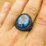 Men's Turkish Handmade Oval Tanzanite 925 Sterling Silver Ring