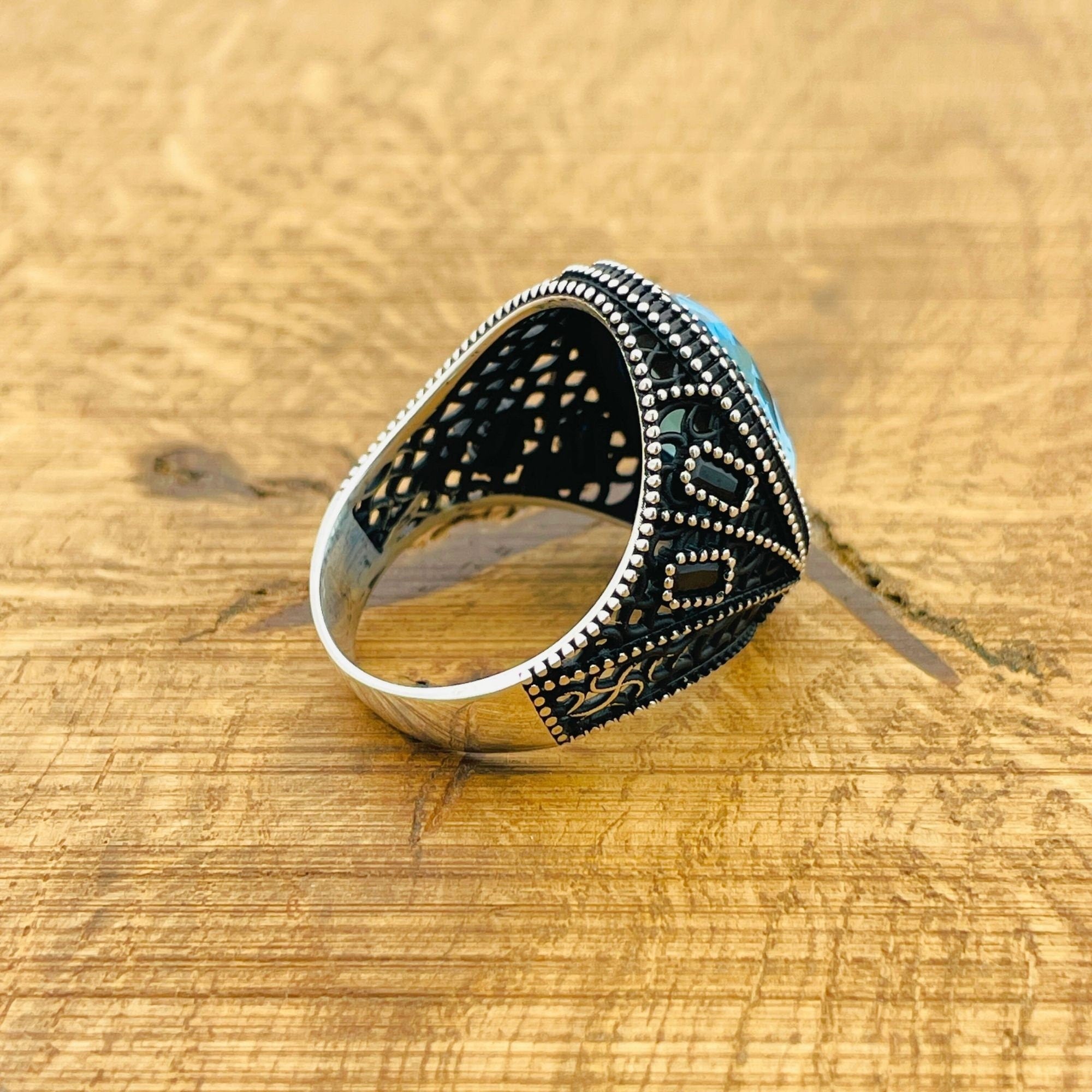 خاتم رجالي تركي مصنوع يدويًا من الفضة الإسترلينية 925 مع حجر أكوامارين أزرق بيضاوي - هدية