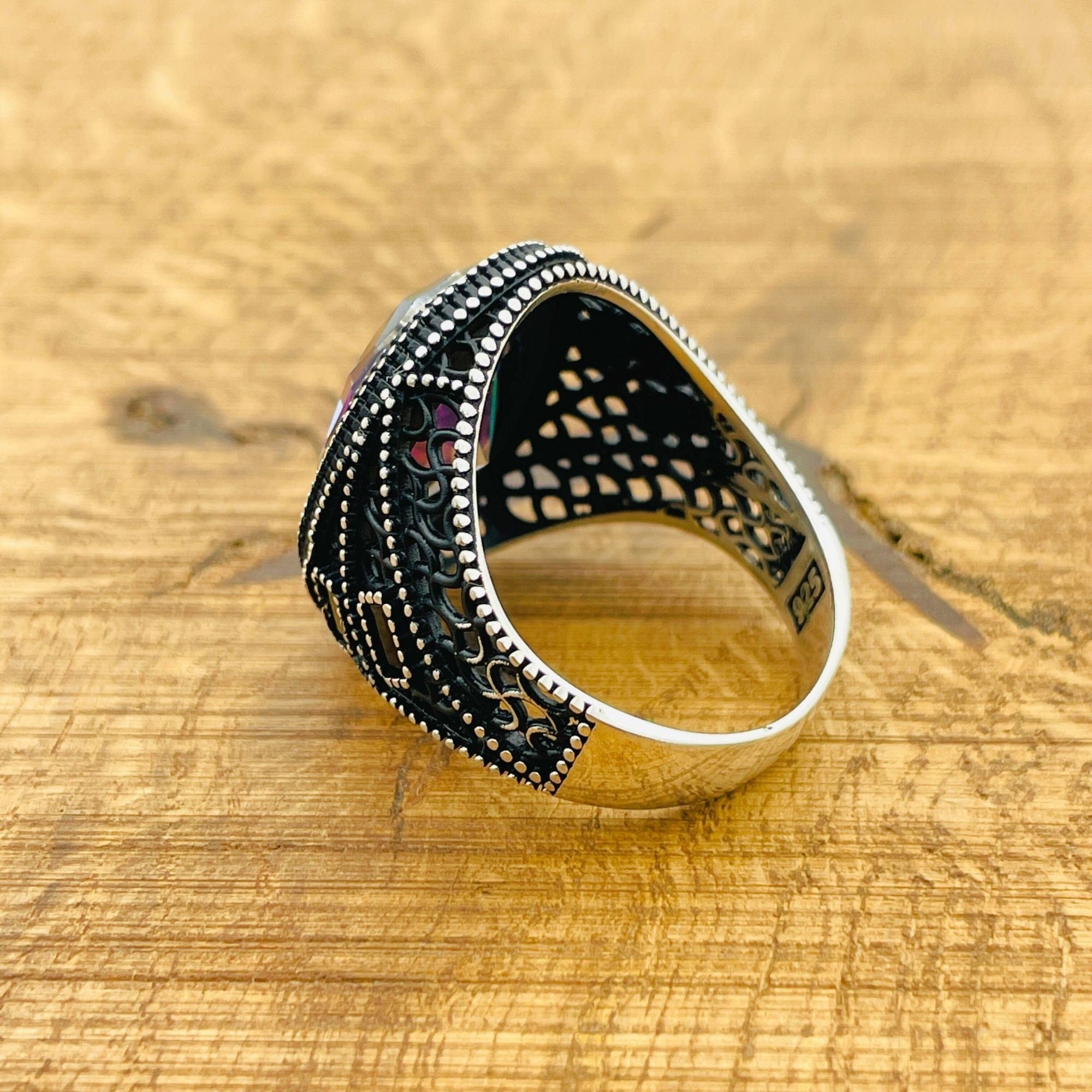 خاتم رجالي تركي أصلي مصنوع يدويًا من الفضة الإسترلينية 925 مع حجر التوباز الغامض - حجر كريم متعدد الألوان بيضاوي الشكل