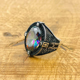 Men's Turkish Handmade 925 Sterling Silver Mystic Topaz Compass Ring