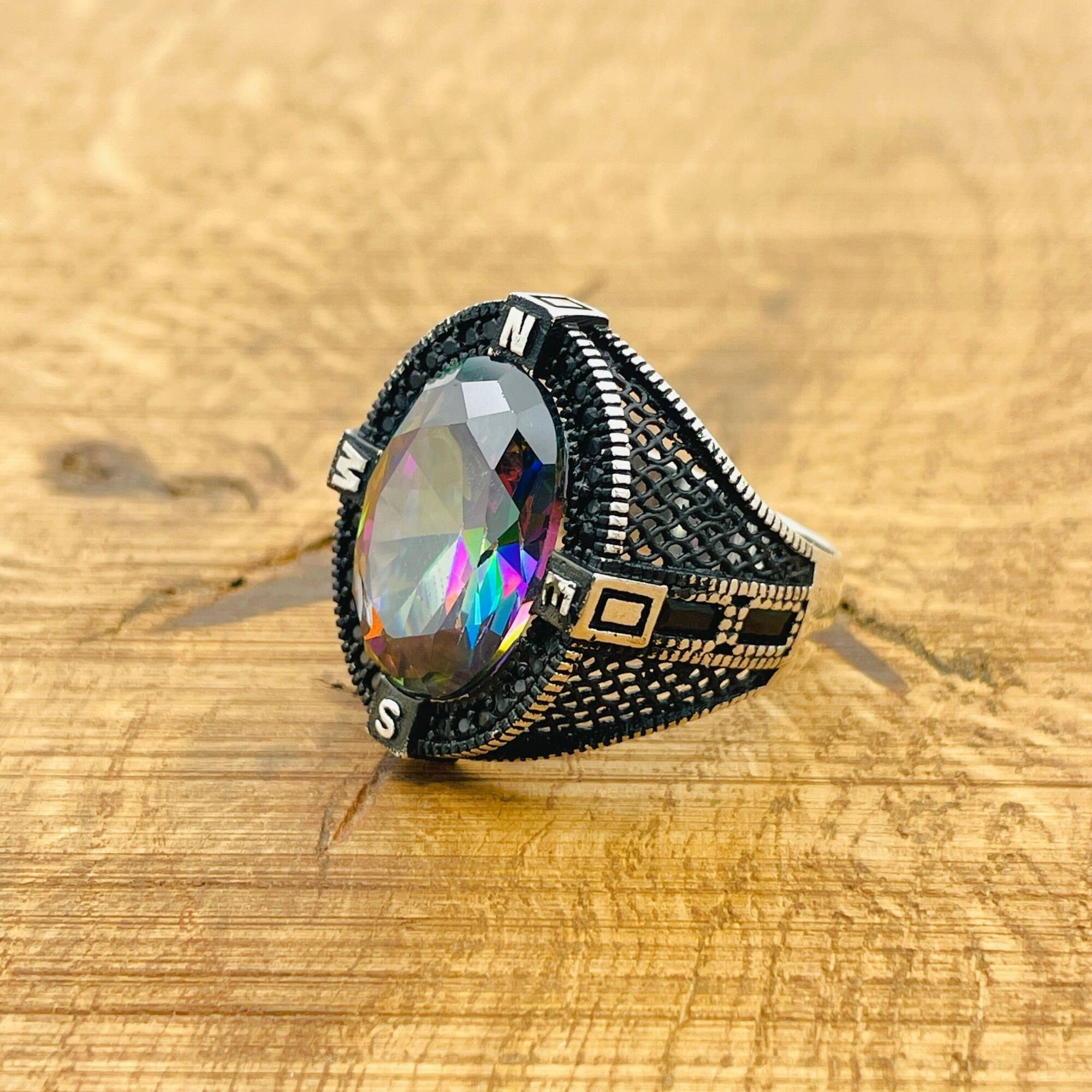 Men's Turkish Handmade 925 Sterling Silver Mystic Topaz Compass Ring