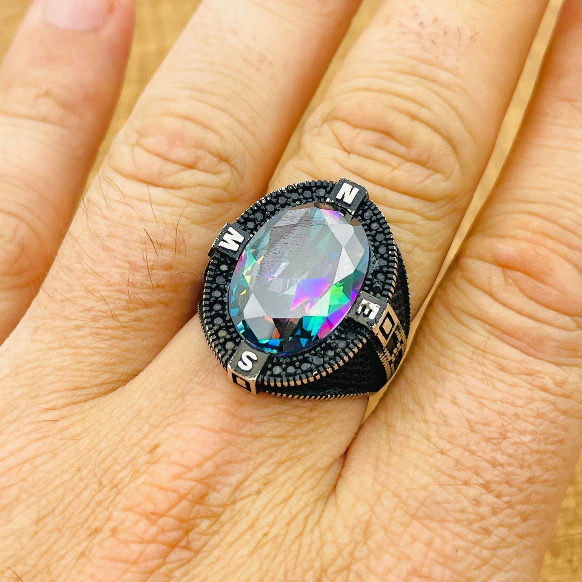 Men's Turkish Handmade 925 Sterling Silver Mystic Topaz Compass Ring
