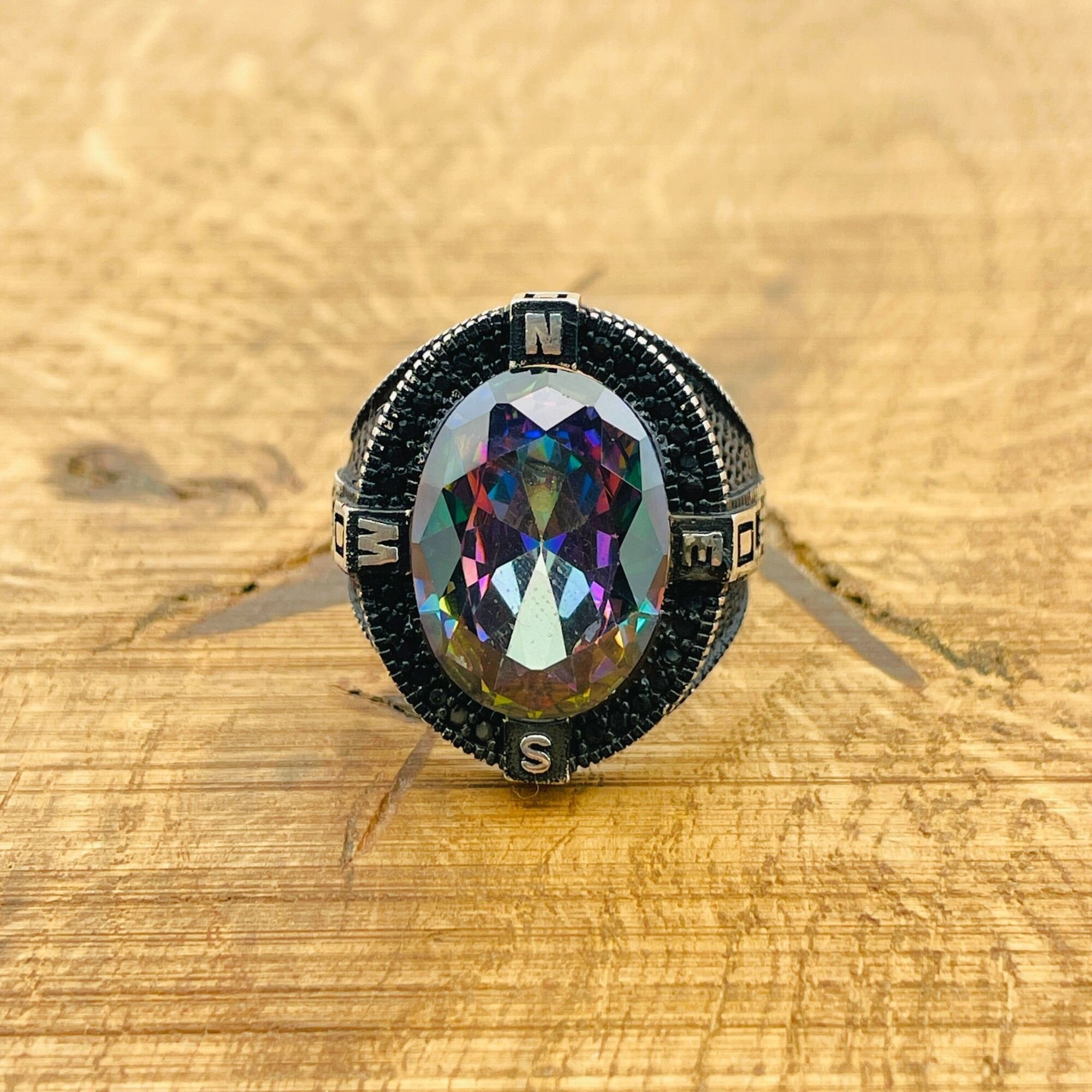 Men's Turkish Handmade 925 Sterling Silver Mystic Topaz Compass Ring