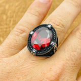 Turkish Handmade 925 Sterling Silver Men's Ruby Compass Ring - Unique Oval Gemstone