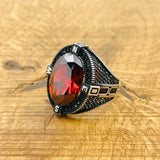 Turkish Handmade 925 Sterling Silver Men's Ruby Compass Ring - Unique Oval Gemstone