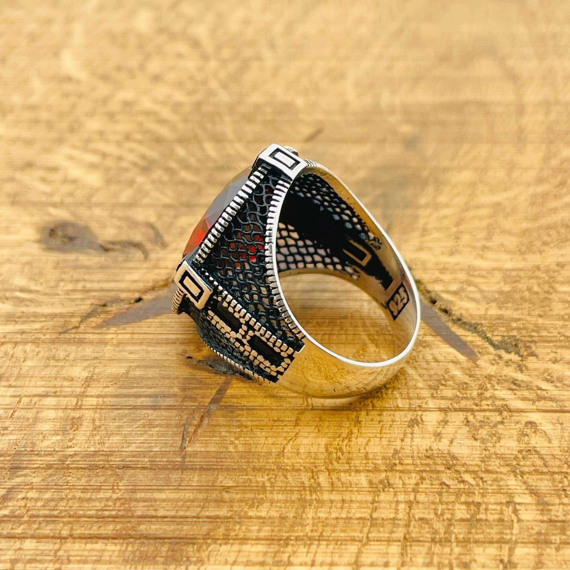 Turkish Handmade 925 Sterling Silver Men's Ruby Compass Ring - Unique Oval Gemstone