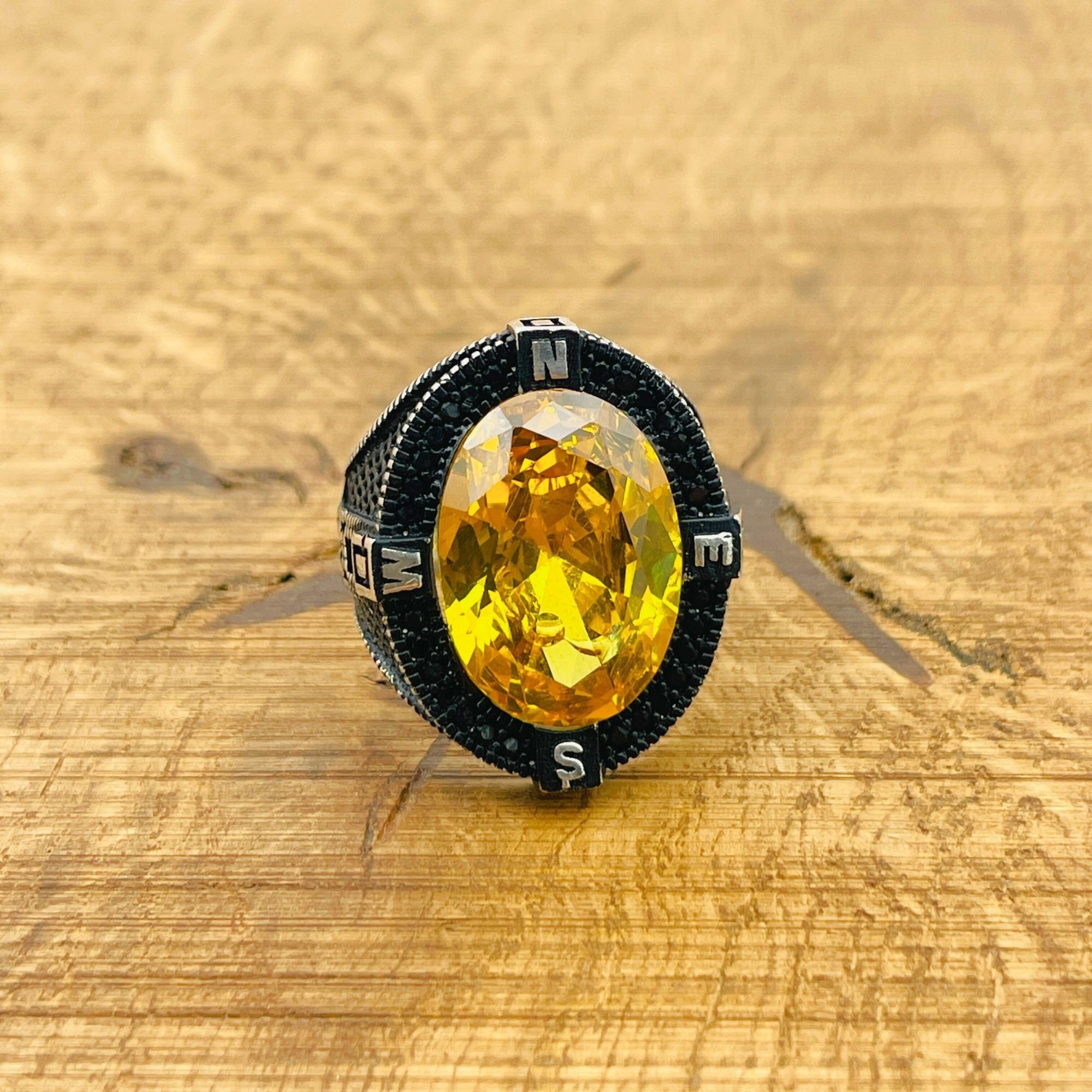 Artisan Turkish Handmade Men's Citrine Compass 925 Sterling Silver Ring