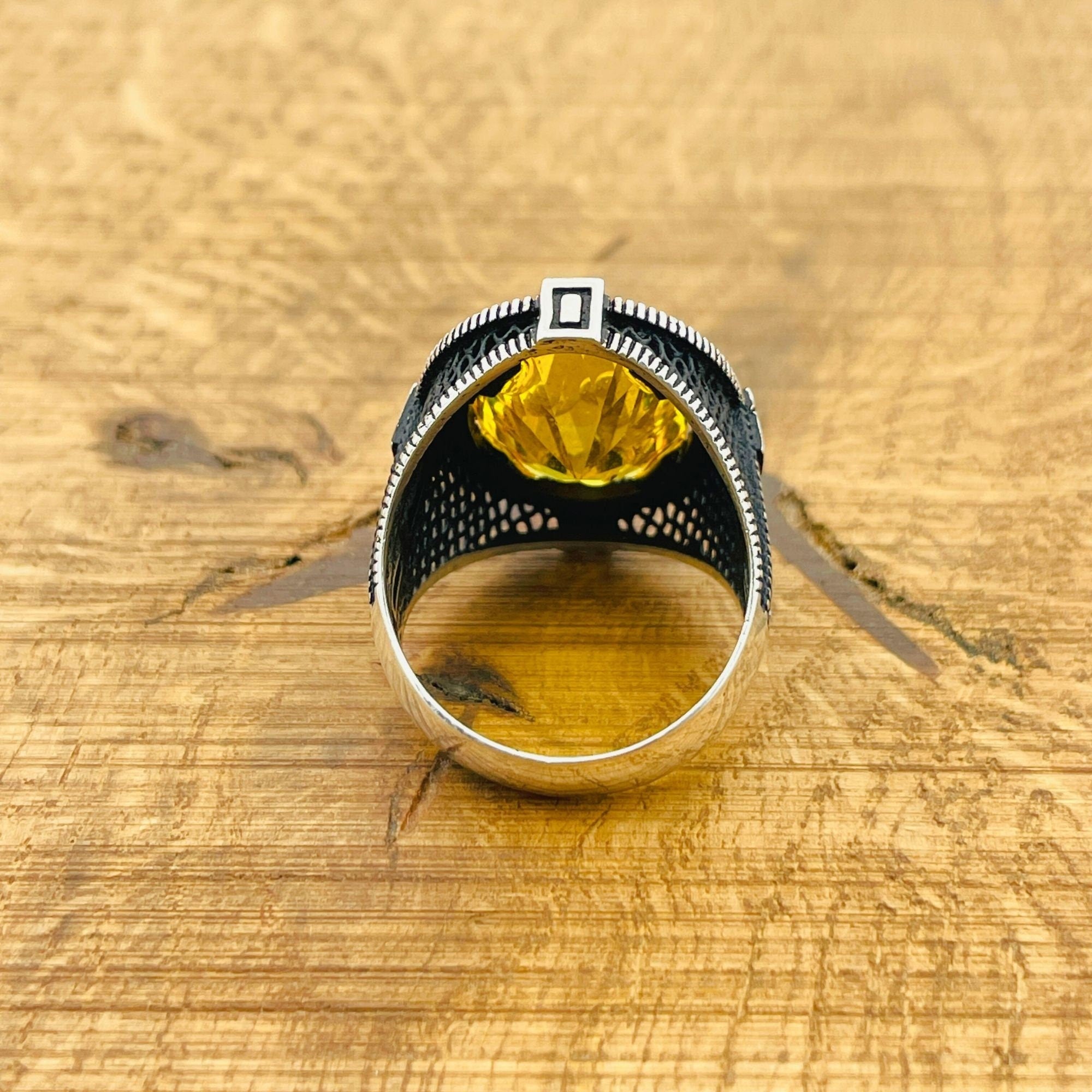 Artisan Turkish Handmade Men's Citrine Compass 925 Sterling Silver Ring