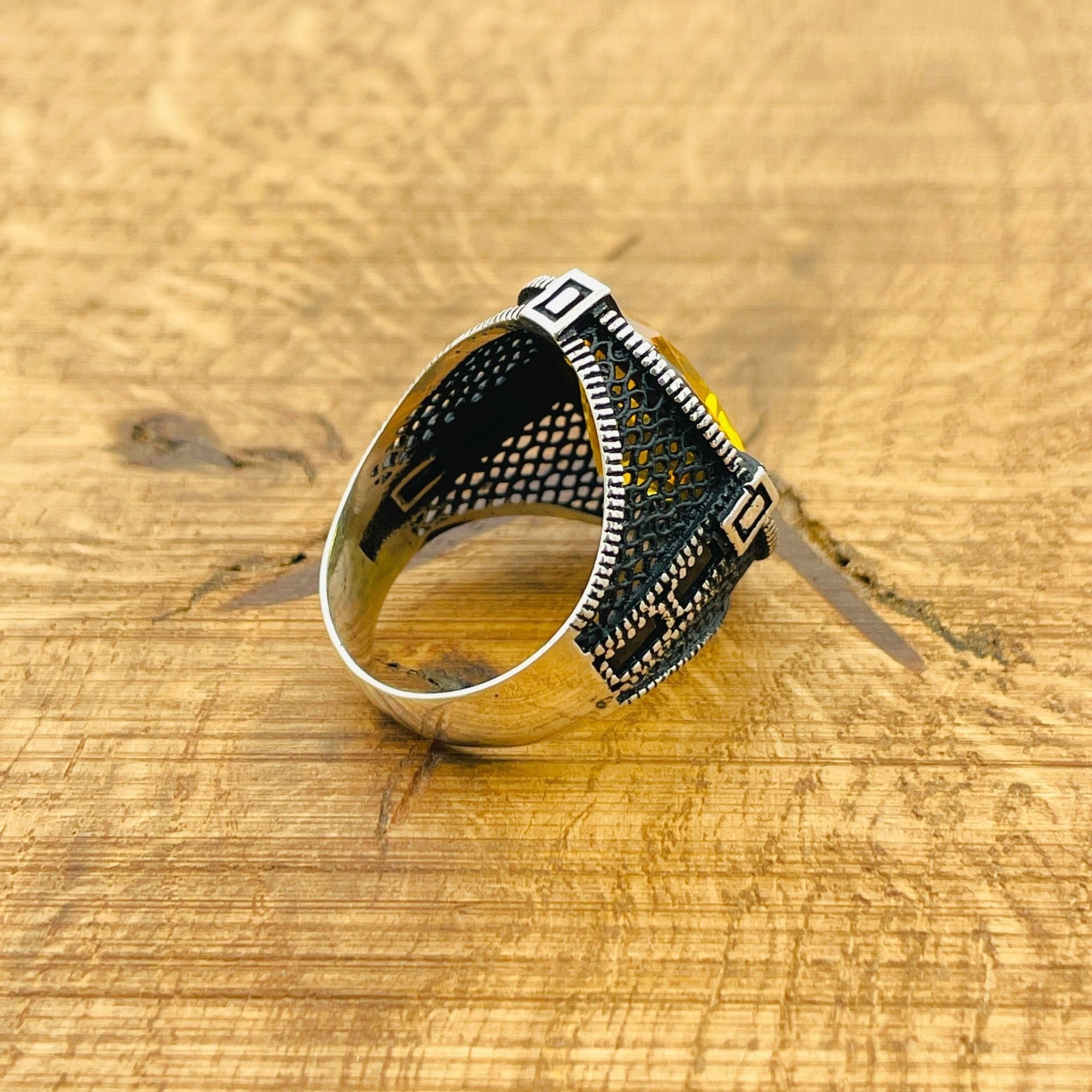 Artisan Turkish Handmade Men's Citrine Compass 925 Sterling Silver Ring