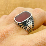 Men's Handmade 925 Sterling Silver Red Square Agate Ring - Authentic Gemstone Gift