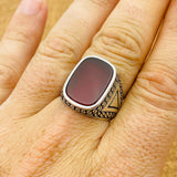 Men's Handmade 925 Sterling Silver Red Square Agate Ring - Authentic Gemstone Gift