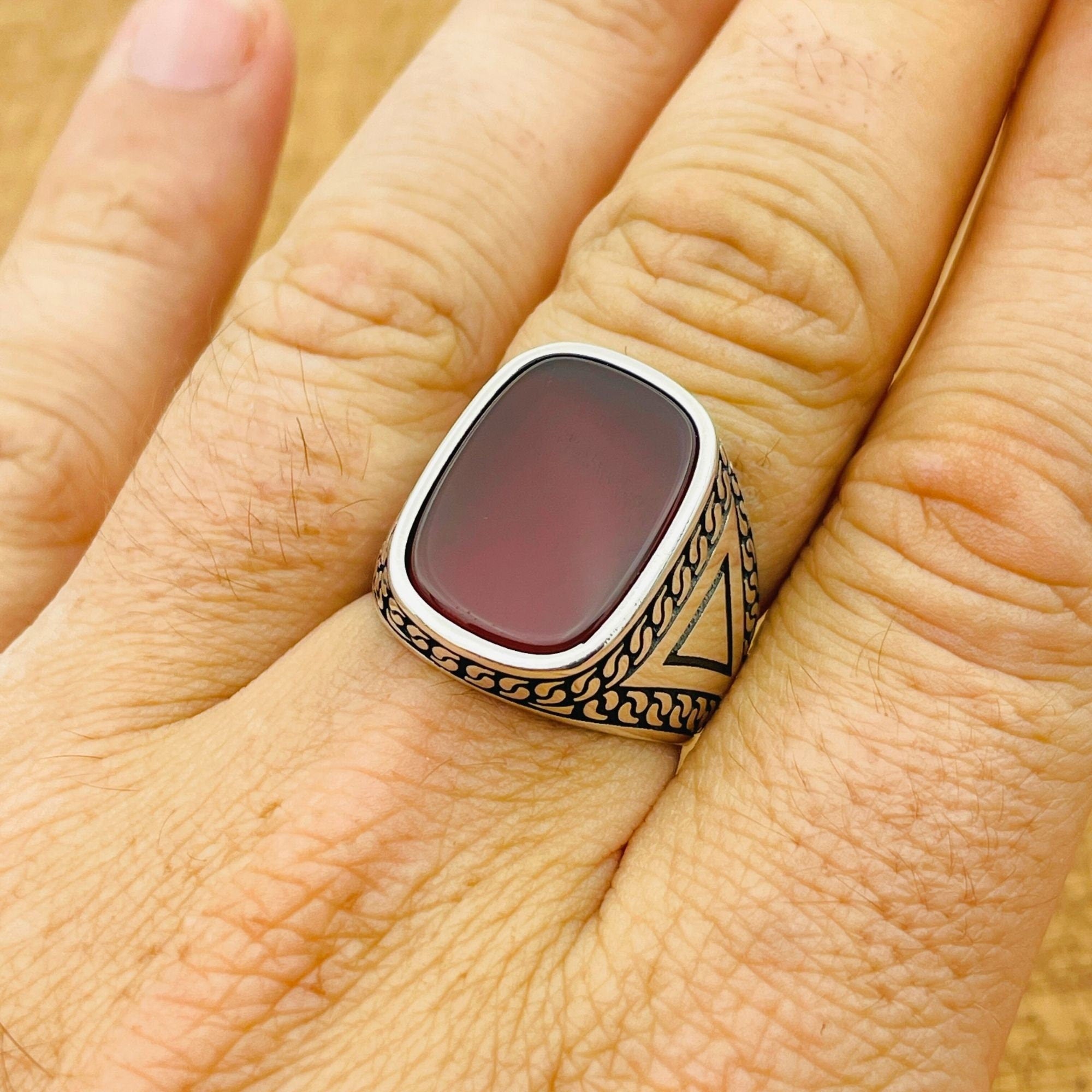 Men's Handmade 925 Sterling Silver Red Square Agate Ring - Authentic Gemstone Gift