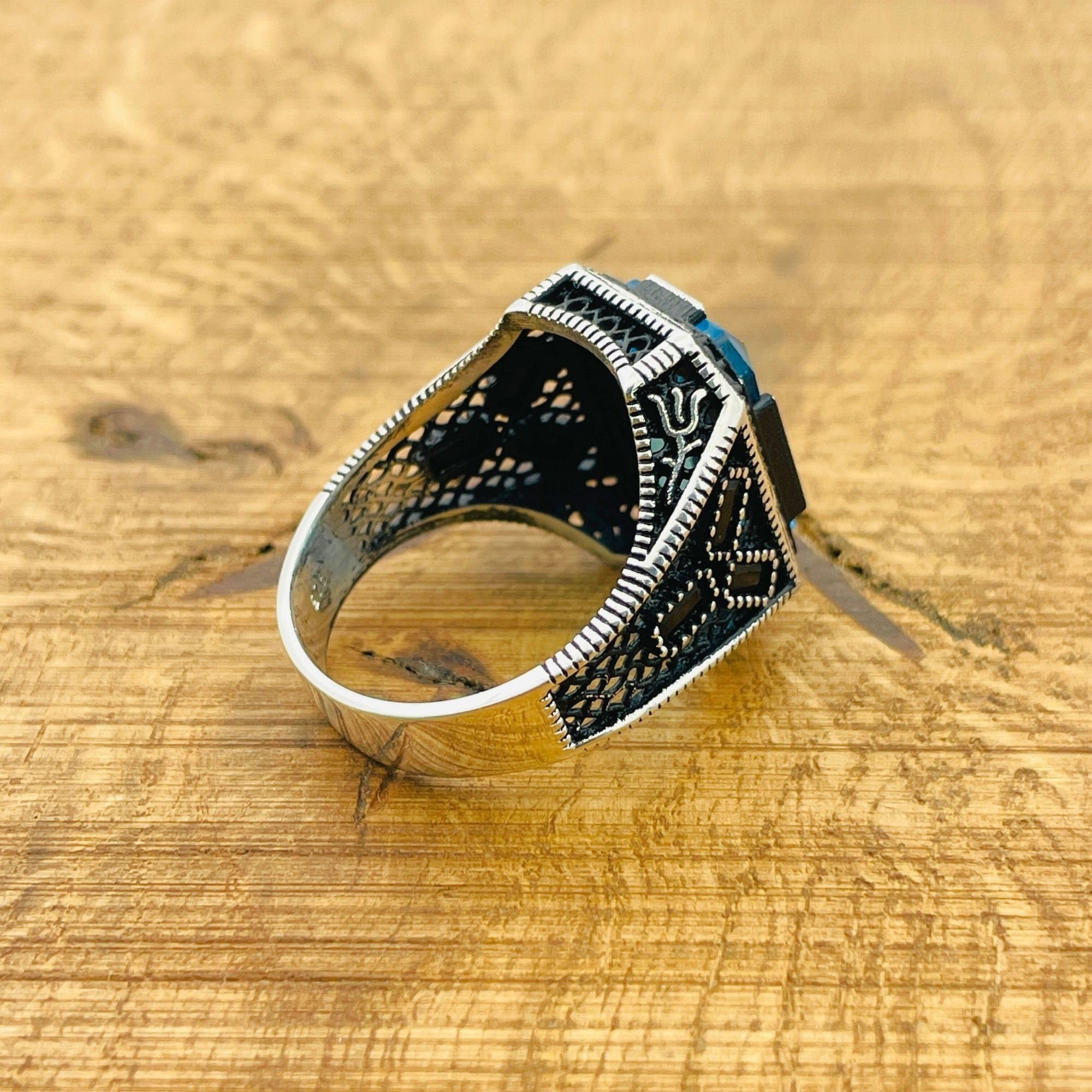 خاتم رجالي أنيق مربع بحجر الأكوامارين فضة إسترليني 925 - مجوهرات تركية مصنوعة يدوياً