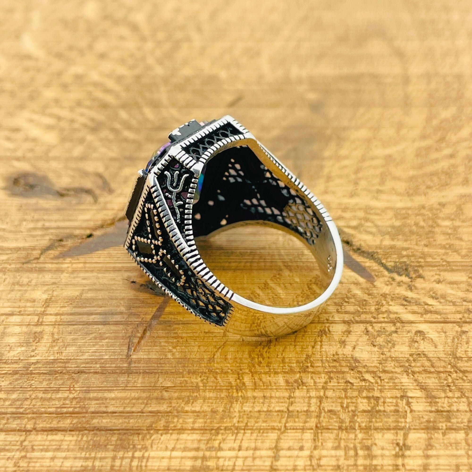 خاتم فضة إسترليني 925 رجالي تركي مصنوع يدويًا بحجر التوباز الغامض - تصميم مربع فريد