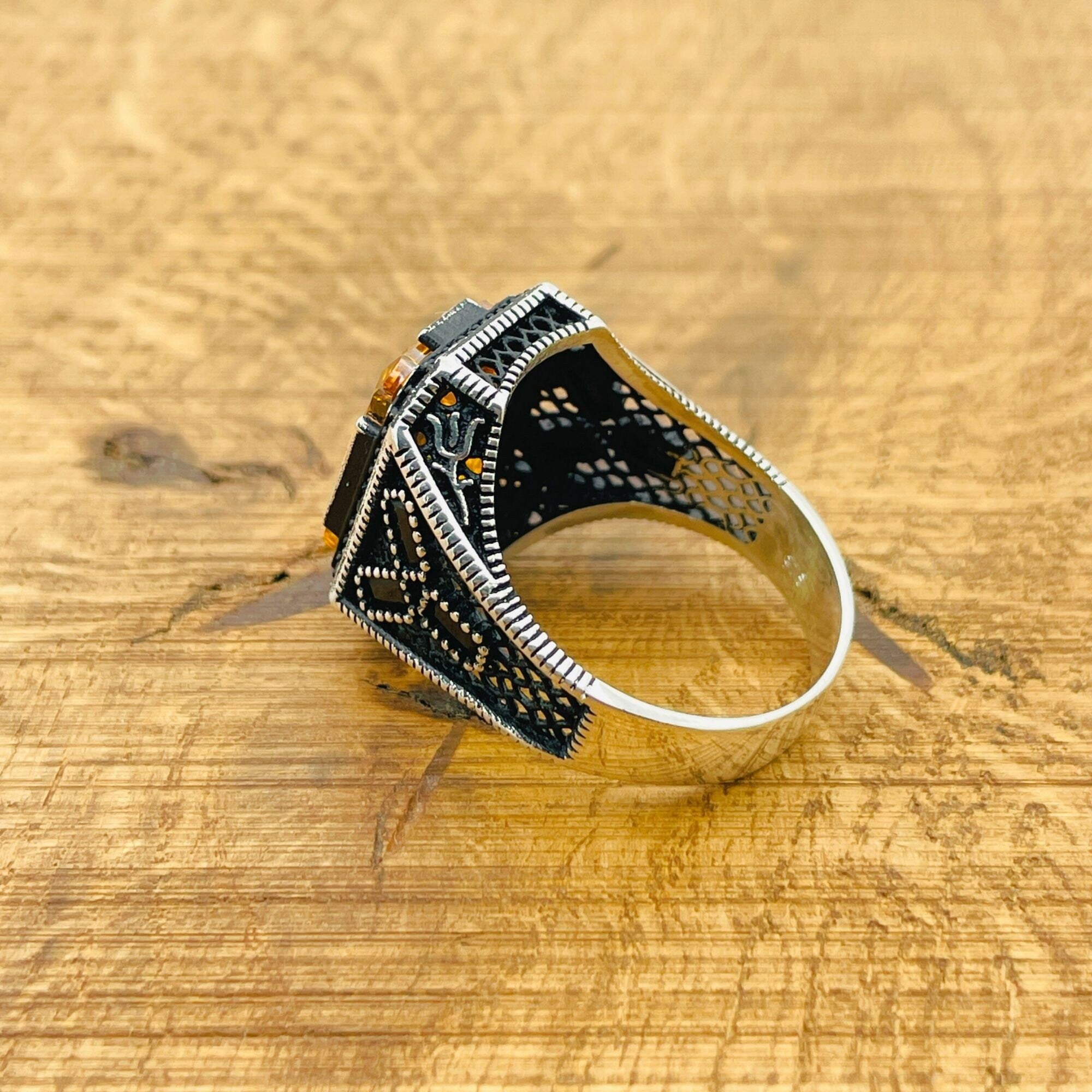 خاتم رجالي يدوي الصنع من الفضة الإسترلينية 925 بحجر السترين | حجر كريم مربع على الطراز العثماني