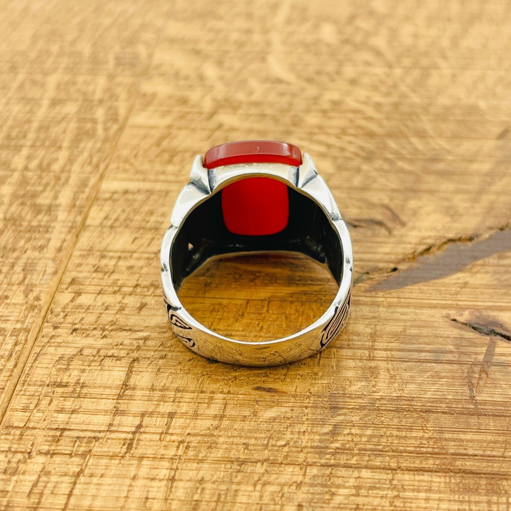 خاتم فضة استرلينية 925 مربع من العقيق الأحمر مصنوع يدوياً على الطراز العثماني للرجال