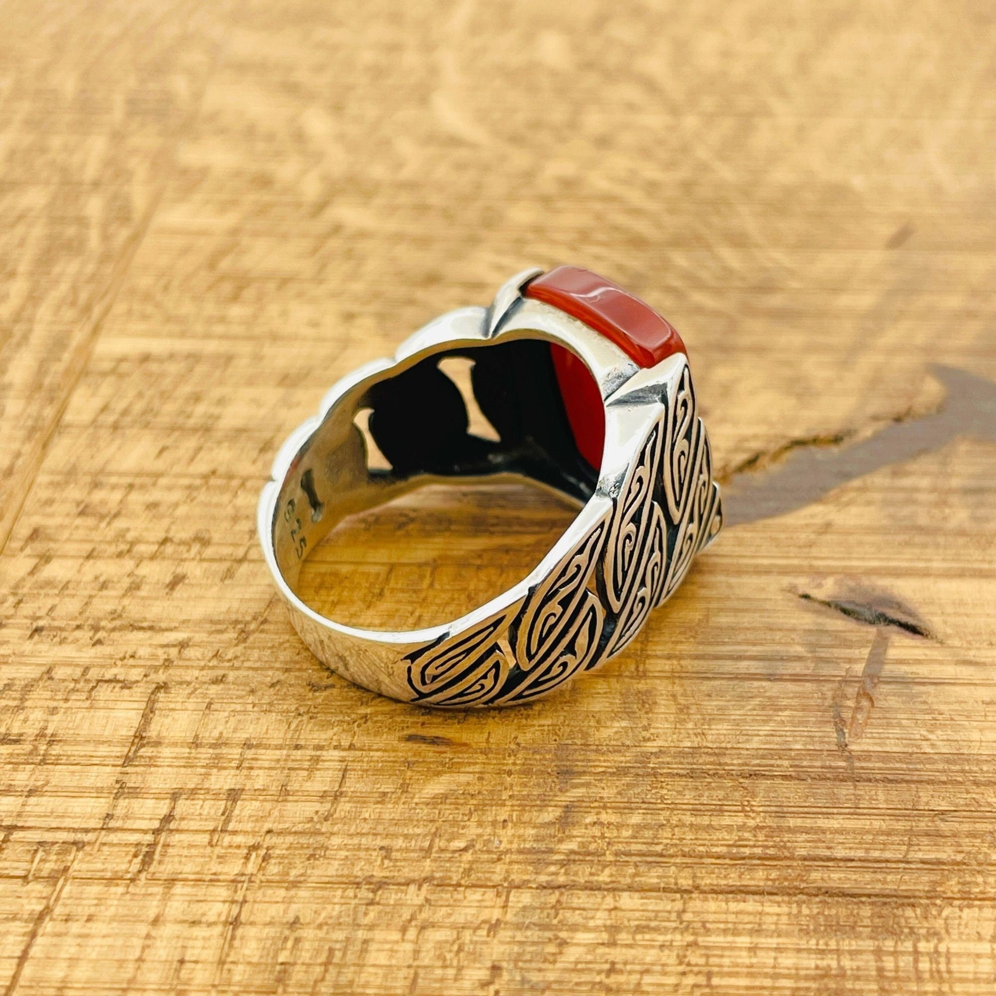 خاتم فضة استرلينية 925 مربع من العقيق الأحمر مصنوع يدوياً على الطراز العثماني للرجال