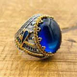 Men's Handcrafted Turkish 925 Sterling Silver Blue Topaz Oval Ring - Authentic Statement Jewelry for Him