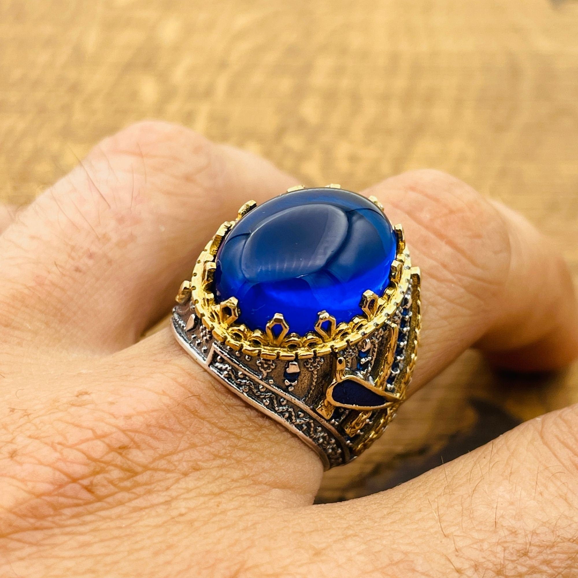 Men's Handcrafted Turkish 925 Sterling Silver Blue Topaz Oval Ring - Authentic Statement Jewelry for Him