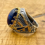 Men's Handcrafted Turkish 925 Sterling Silver Blue Topaz Oval Ring - Authentic Statement Jewelry for Him