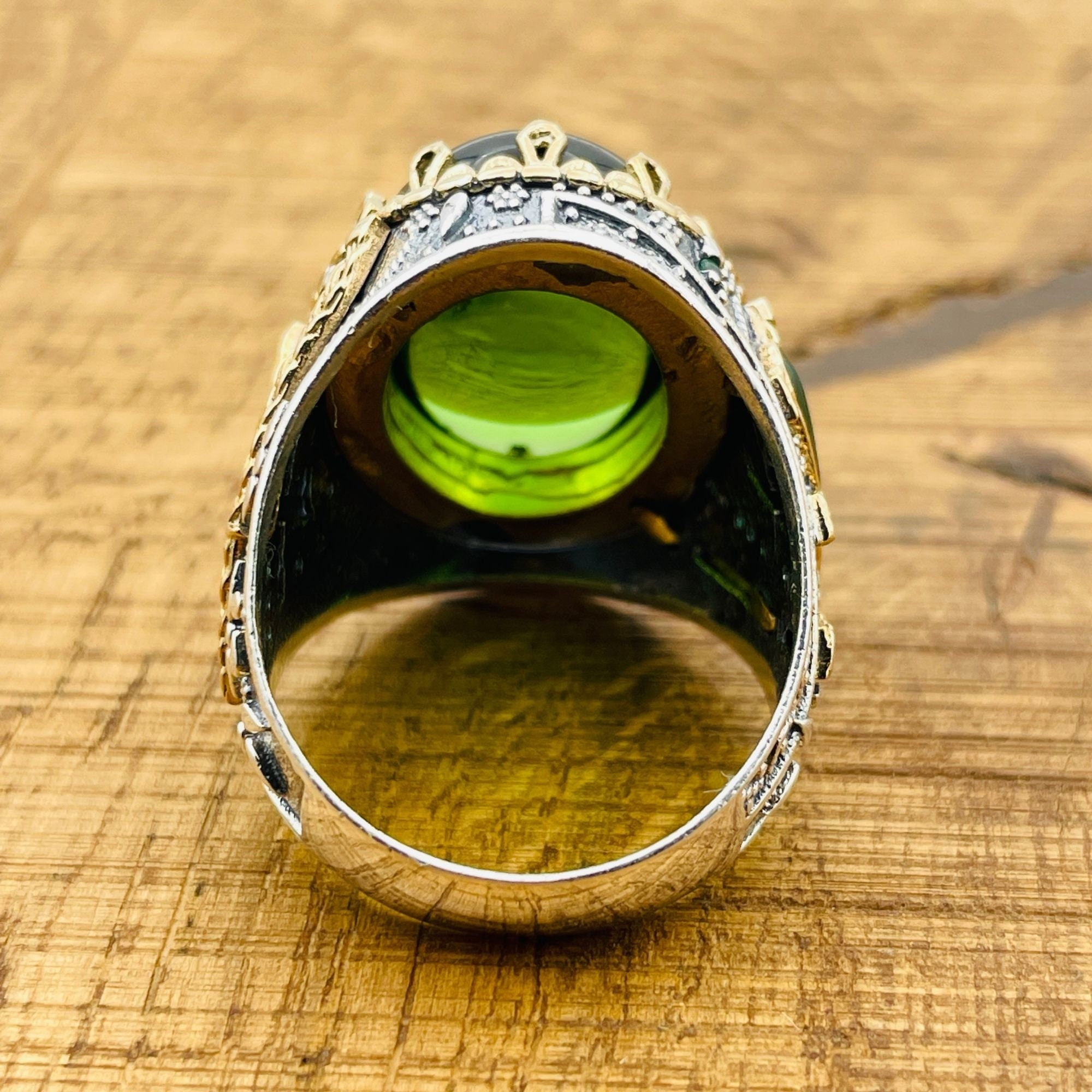 Men's Handmade Green Topaz Oval Ring | 925 Sterling Silver Ottoman Style Statement Jewelry