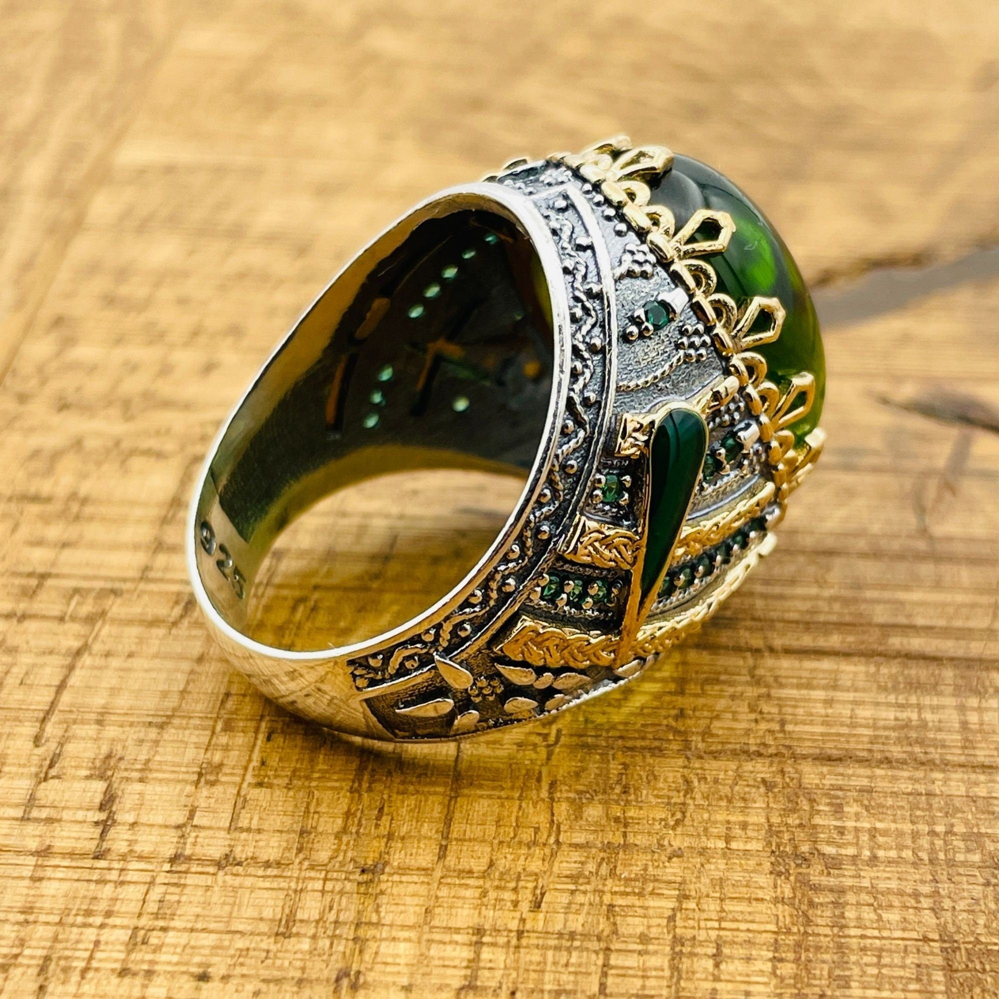 Men's Handmade Green Topaz Oval Ring | 925 Sterling Silver Ottoman Style Statement Jewelry