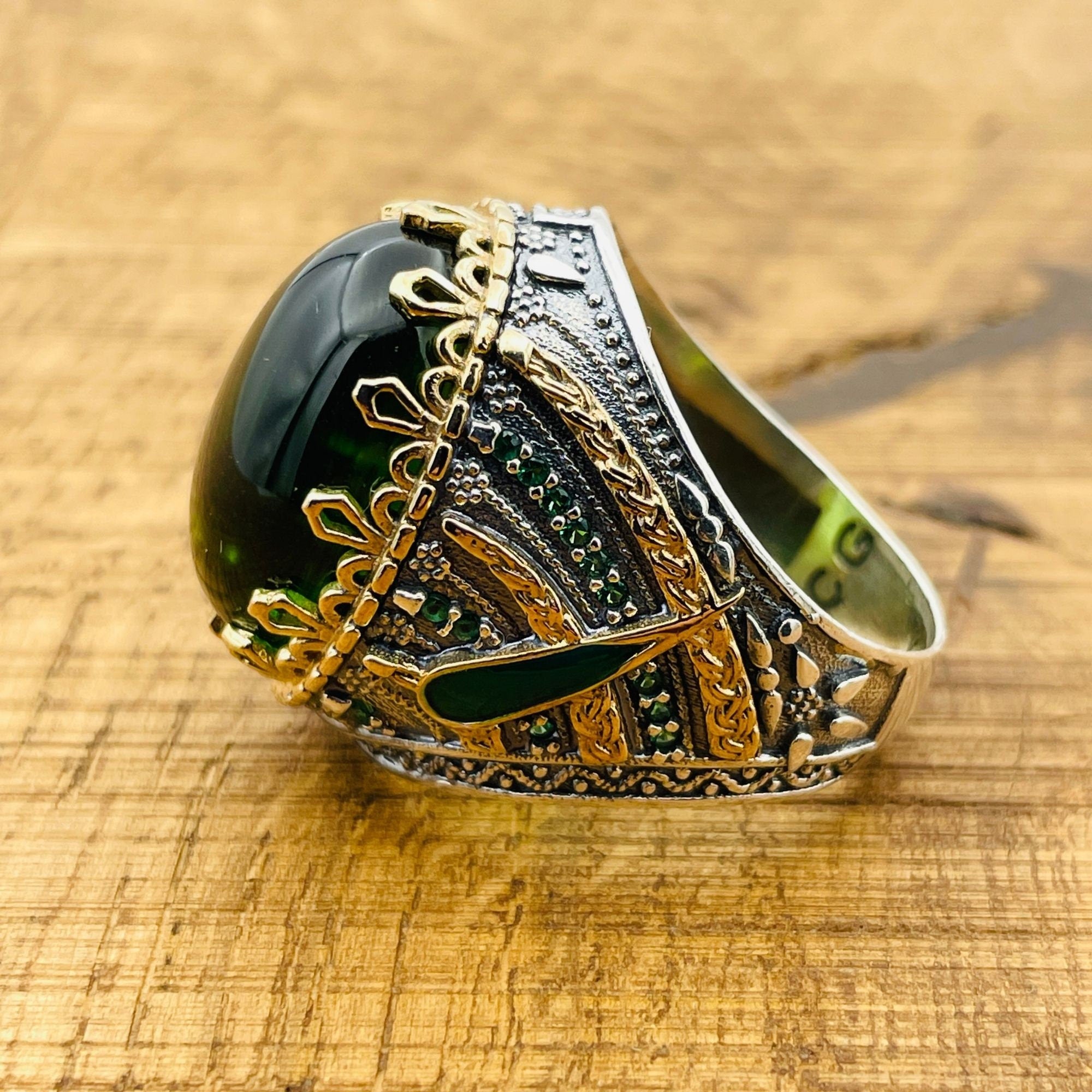Men's Handmade Green Topaz Oval Ring | 925 Sterling Silver Ottoman Style Statement Jewelry