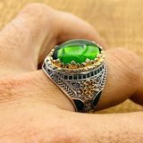 Turkish Handmade Men's Oval Green Topaz 925 Sterling Silver Statement Ring - Gift for Him