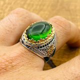 Turkish Handmade Men's Oval Green Topaz 925 Sterling Silver Statement Ring - Gift for Him