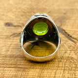 Turkish Handmade Men's Oval Green Topaz 925 Sterling Silver Statement Ring - Gift for Him