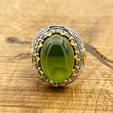 Turkish Handmade Men's Oval Green Topaz 925 Sterling Silver Statement Ring - Gift for Him