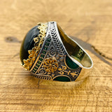 Turkish Handmade Men's Oval Green Topaz 925 Sterling Silver Statement Ring - Gift for Him