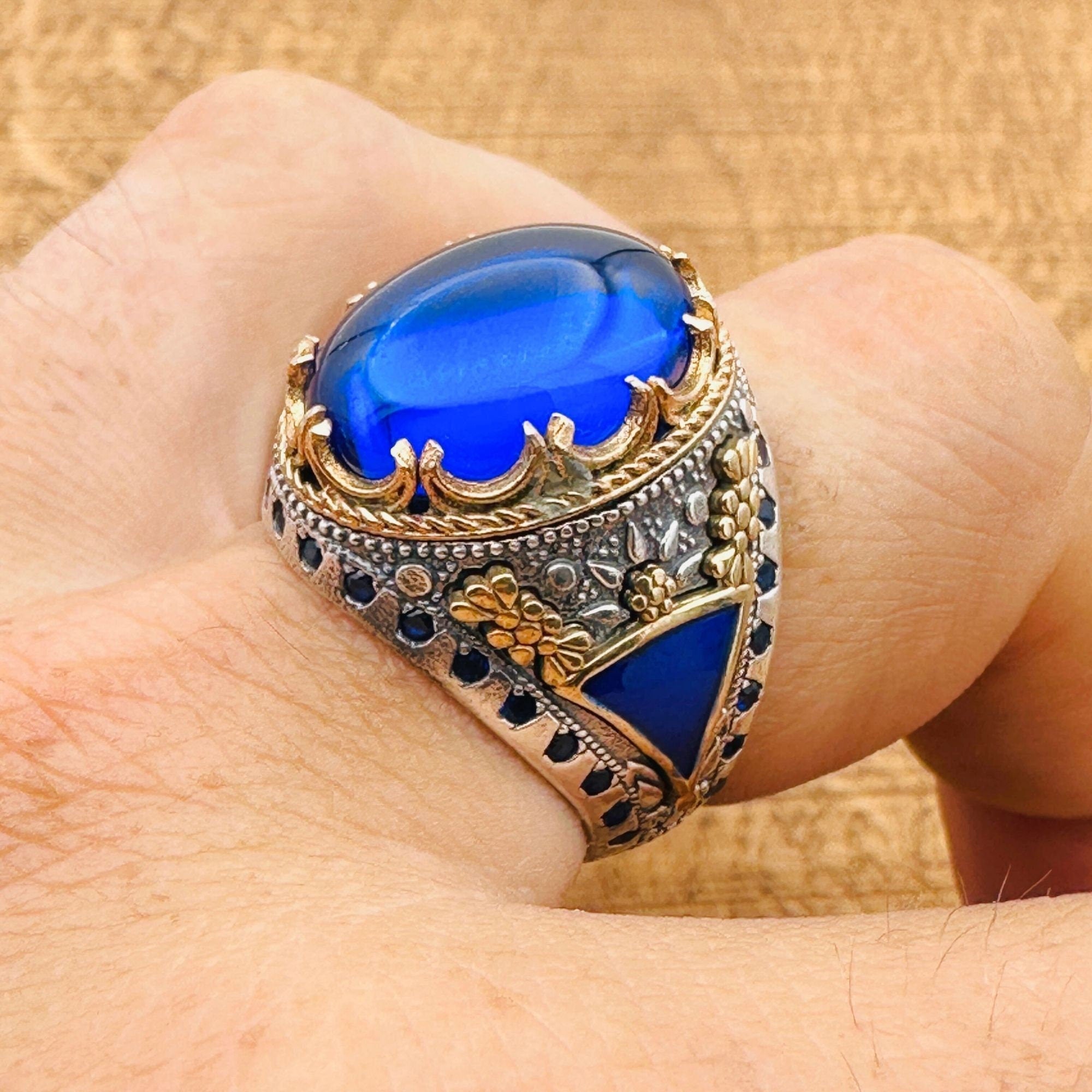 Men's Handcrafted Turkish 925 Sterling Silver Blue Topaz Oval Ring