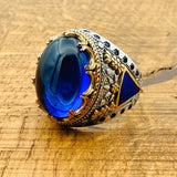 Men's Handcrafted Turkish 925 Sterling Silver Blue Topaz Oval Ring