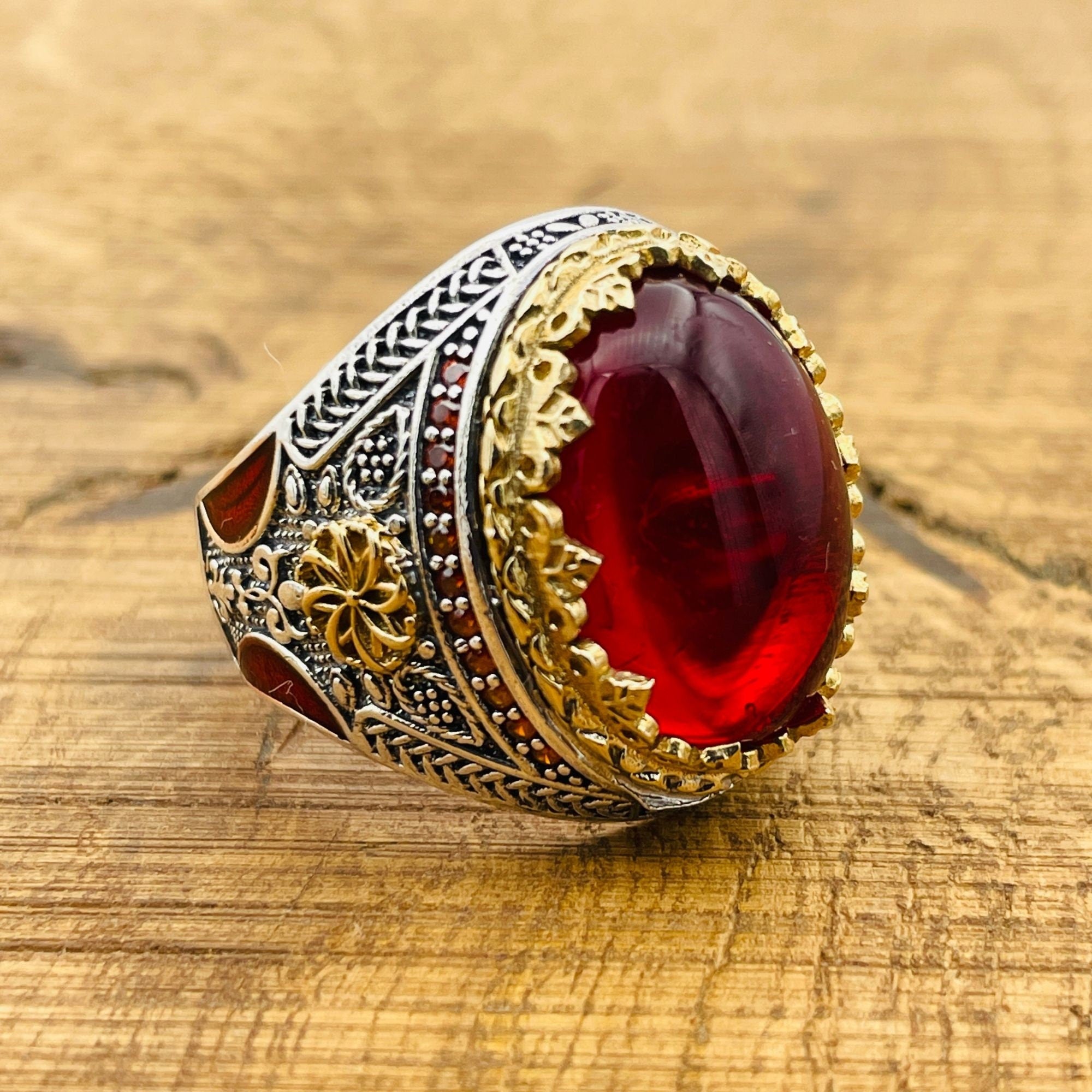خاتم عقيق أحمر تركي للرجال | فضة إسترلينية 925 مصنوعة يدوياً بتصميم عثماني