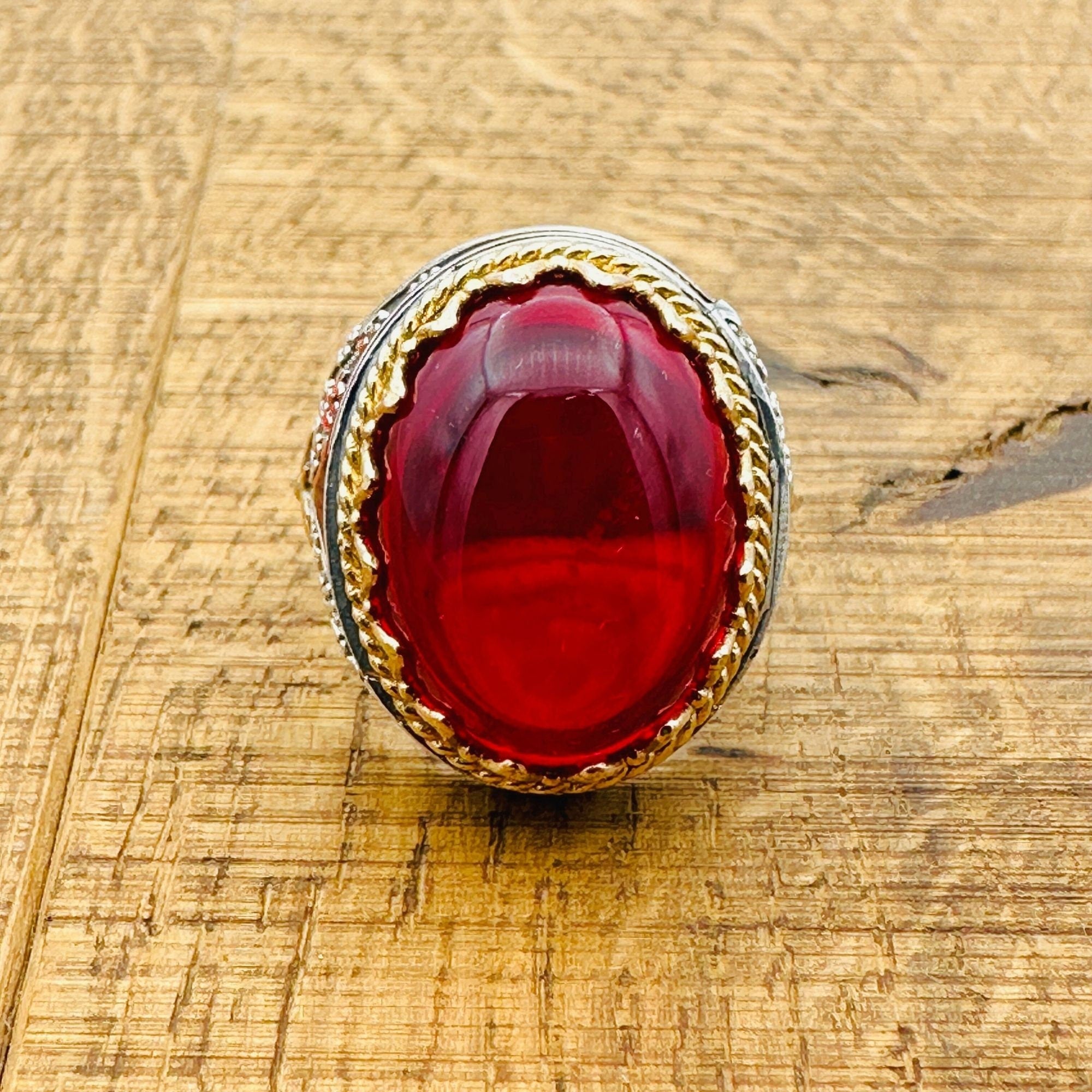 خاتم رجالي بيضاوي من العقيق الأحمر والسترلينغ الفضي 925 على الطراز العثماني اليدوي الرائع