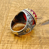 خاتم رجالي بيضاوي من العقيق الأحمر والسترلينغ الفضي 925 على الطراز العثماني اليدوي الرائع