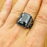 Men's 925 Sterling Silver Black Zircon Square Ring | Turkish Handmade Design