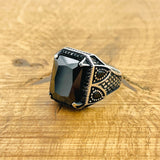 Men's 925 Sterling Silver Black Zircon Square Ring | Turkish Handmade Design