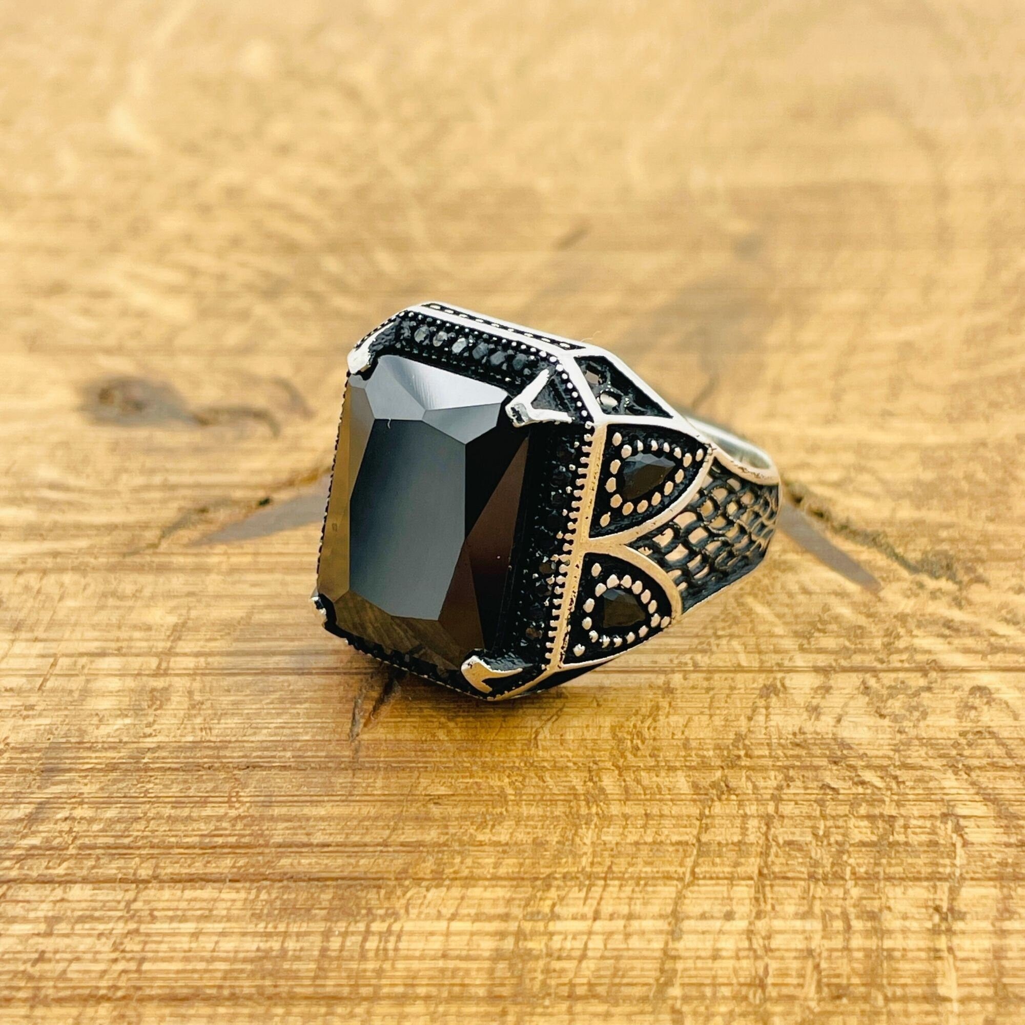 Men's 925 Sterling Silver Black Zircon Square Ring | Turkish Handmade Design