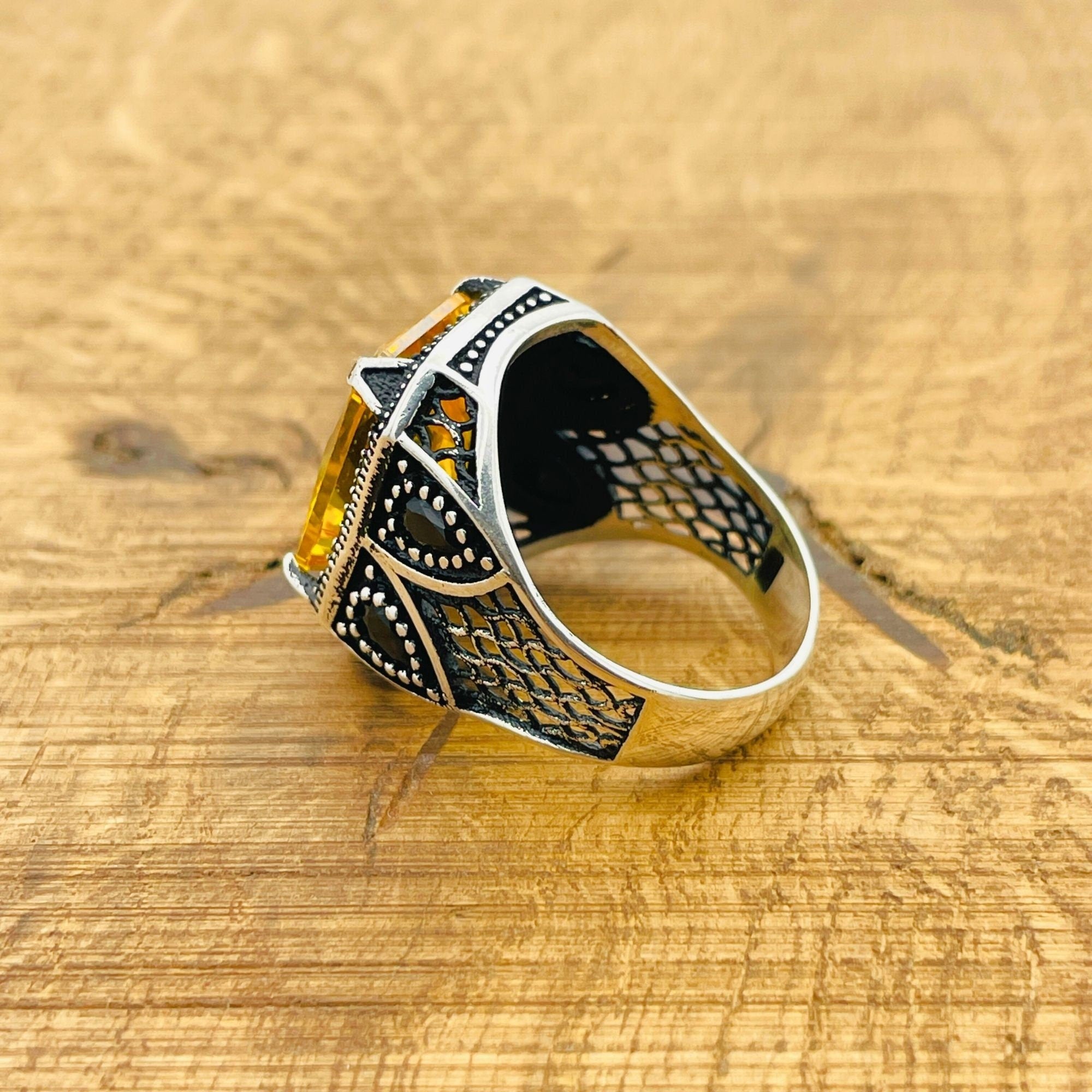 خاتم مربع من الفضة الإسترلينية مستوحى من العثمانيين للرجال - هدية حجر كريم أصفر يدوية الصنع
