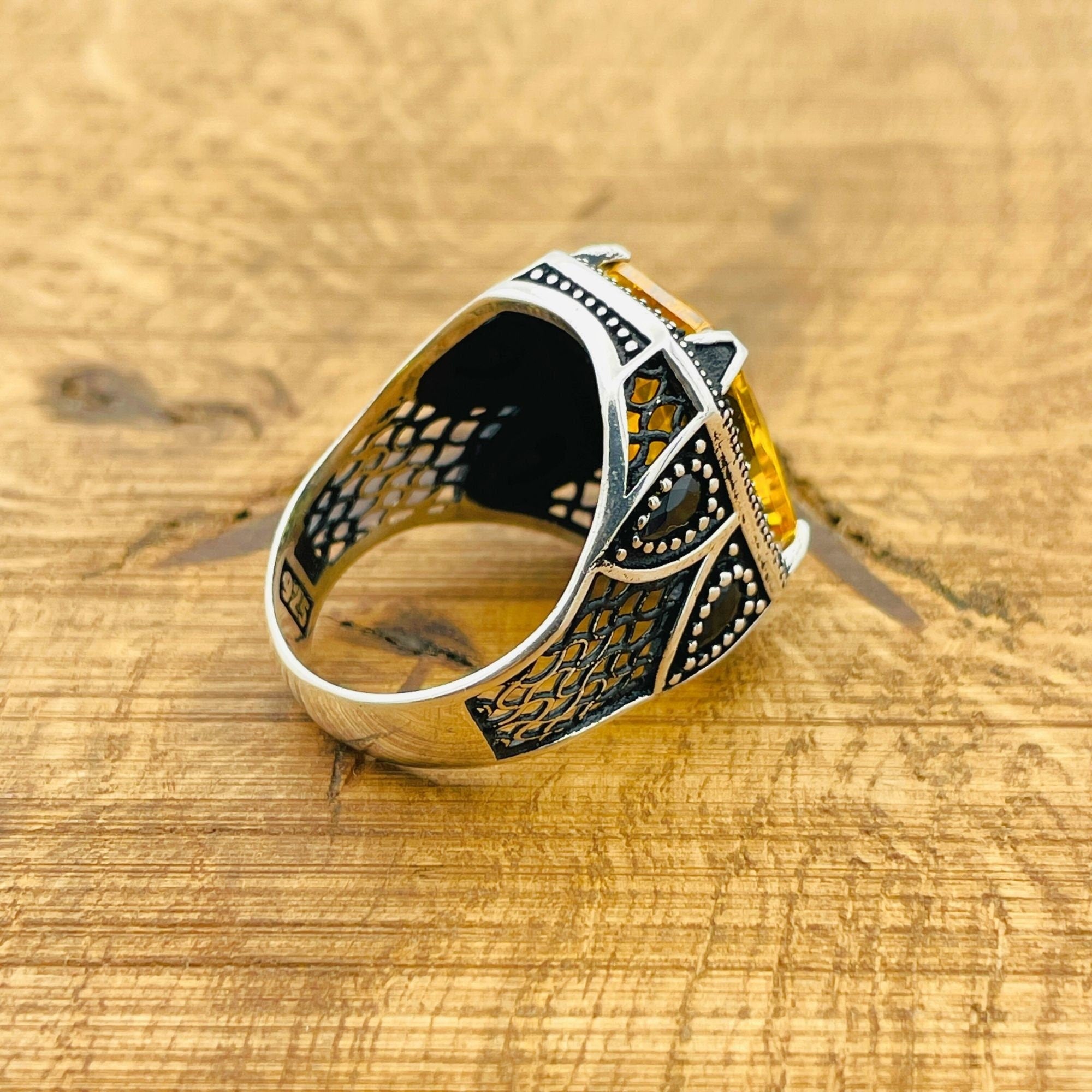 خاتم مربع من الفضة الإسترلينية مستوحى من العثمانيين للرجال - هدية حجر كريم أصفر يدوية الصنع