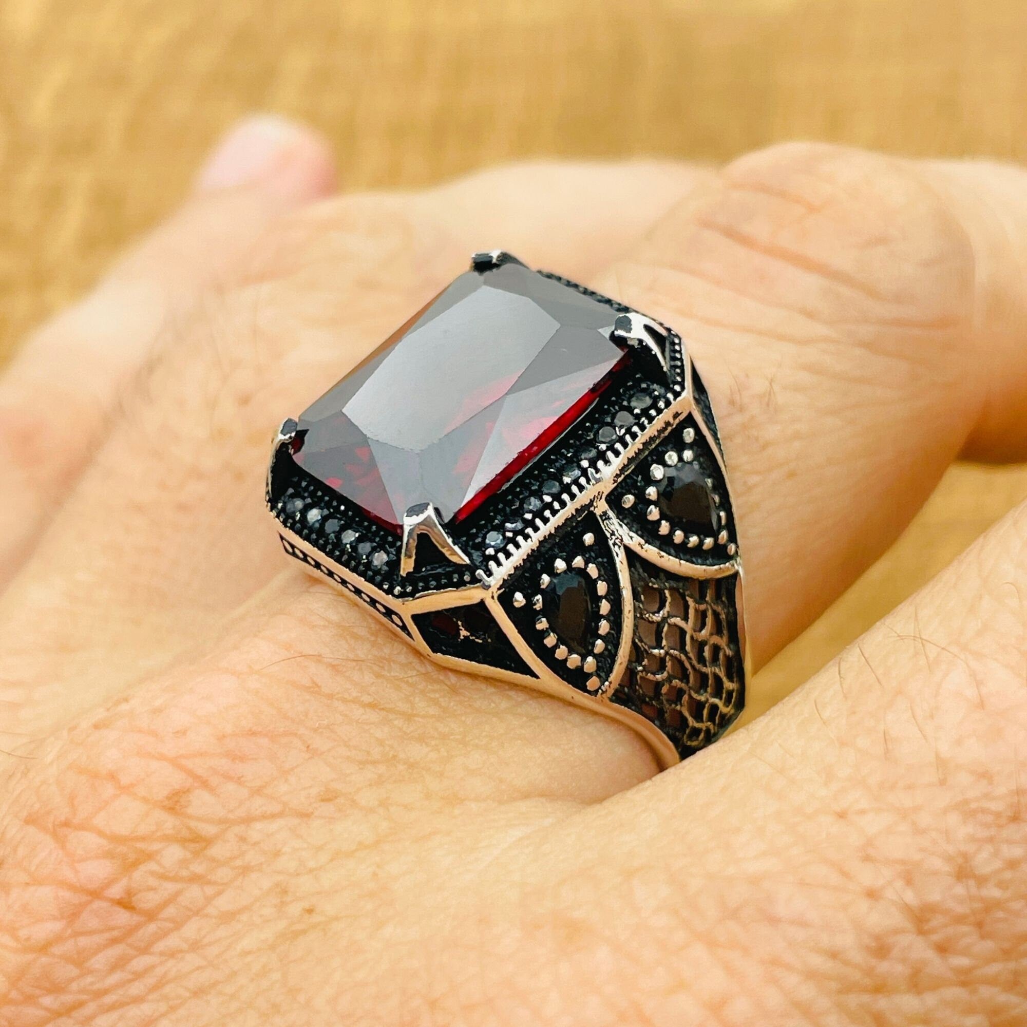 Men's Handmade Turkish 925 Sterling Silver Ruby Ring | Square Cut Gemstone