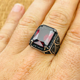 Men's Handmade Turkish 925 Sterling Silver Ruby Ring | Square Cut Gemstone