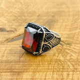 Men's Handmade Turkish 925 Sterling Silver Ruby Ring | Square Cut Gemstone