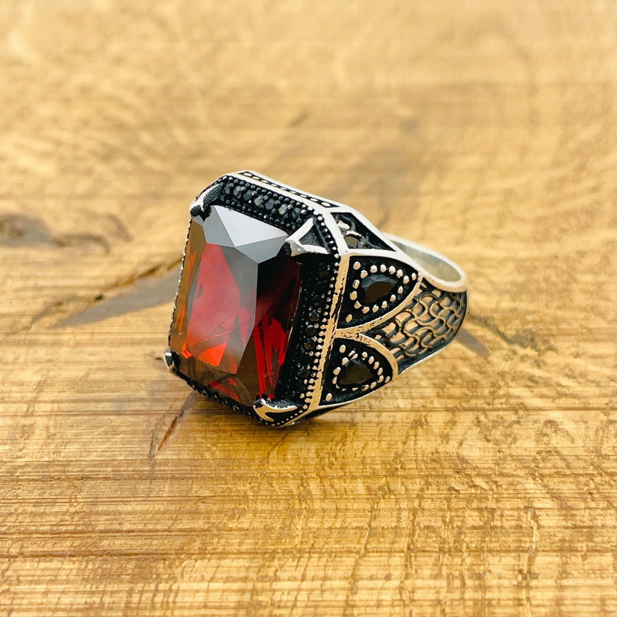 Men's Handmade Turkish 925 Sterling Silver Ruby Ring | Square Cut Gemstone