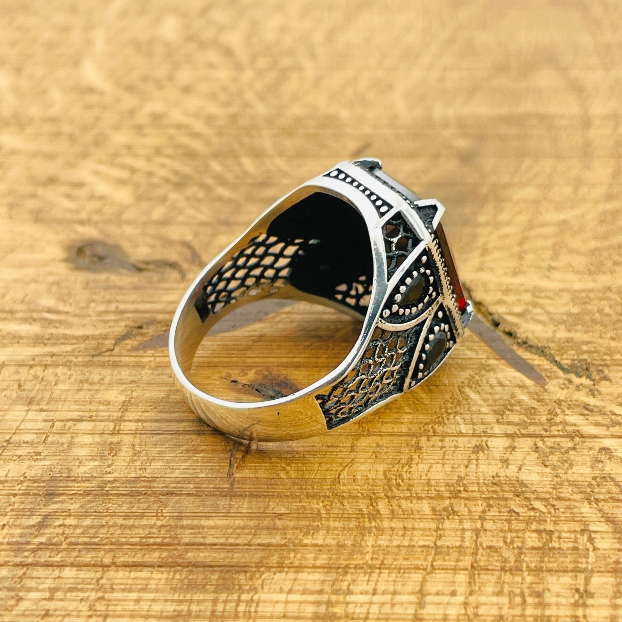 Men's Handmade Turkish 925 Sterling Silver Ruby Ring | Square Cut Gemstone