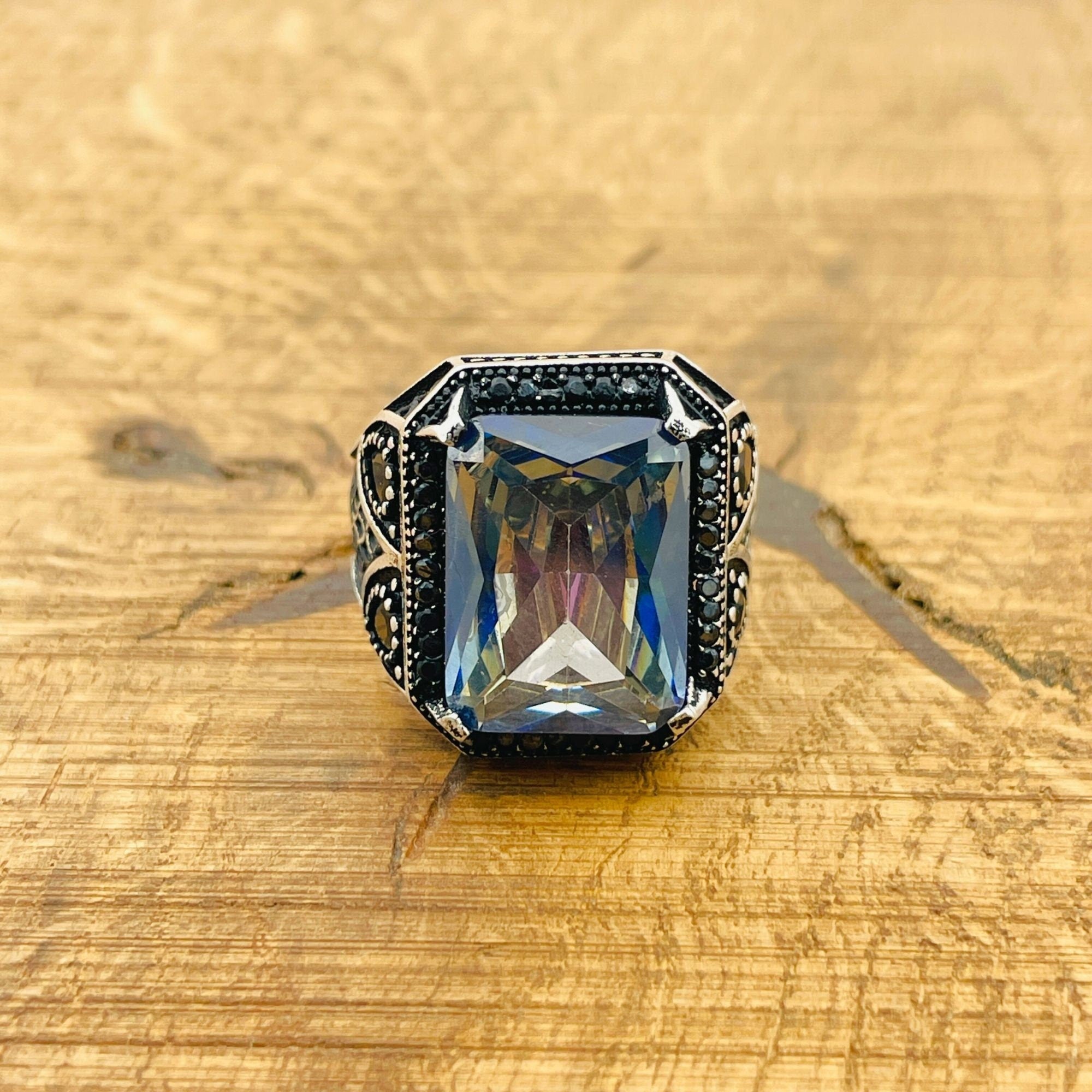 Men's Turkish Handmade Tanzanite 925 Sterling Silver Square Ring - Unique Gift