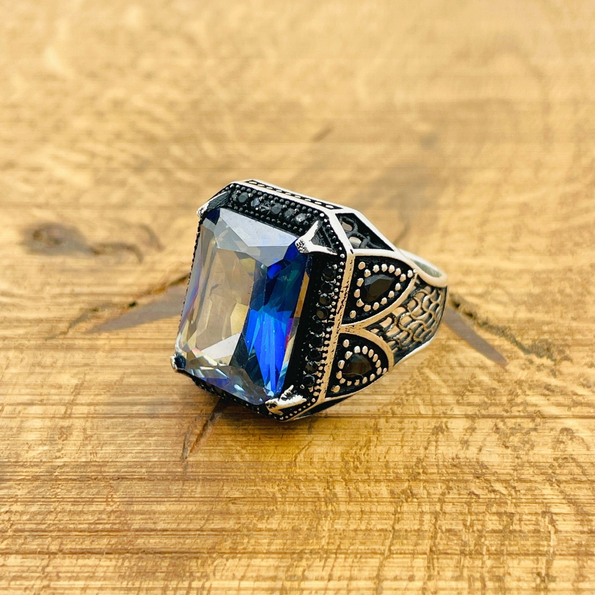 Men's Turkish Handmade Tanzanite 925 Sterling Silver Square Ring - Unique Gift